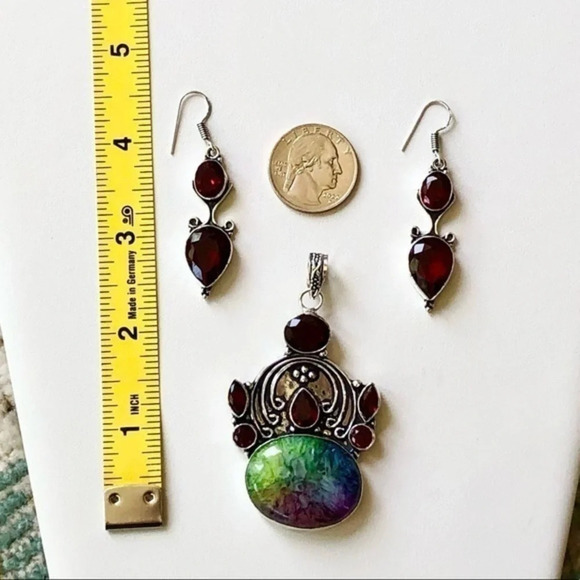 Rainbow Solar Quartz & Red Garnet Necklace & Earring Set - Picture 2 of 5